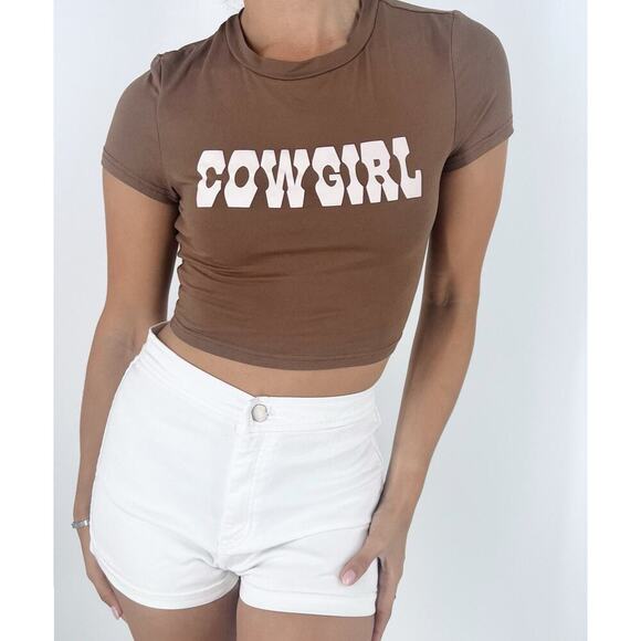 Shein Tops - Women's Cowgirl Brown Crewneck Short Sleeve Tee Size XS